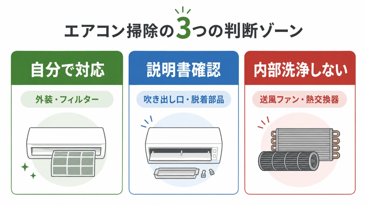 エアコン掃除を自分で行う範囲を3段階で整理した図