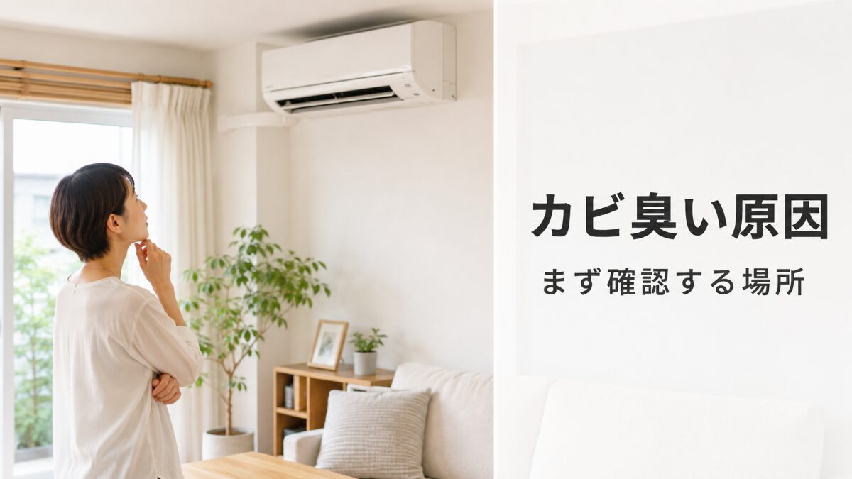 エアコンがカビ臭いときに確認する場所を示すアイキャッチ画像