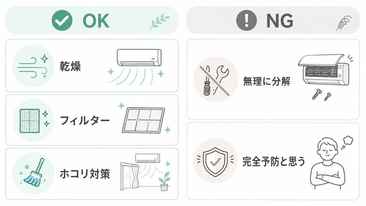 エアコンのカビ予防でできることと避けたいことを整理した図解