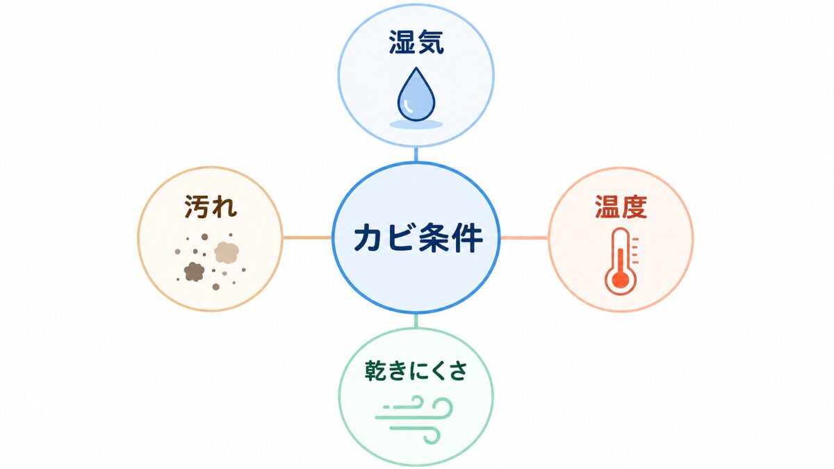 エアコンのカビ発生条件を湿気汚れ温度乾きにくさで整理した図解