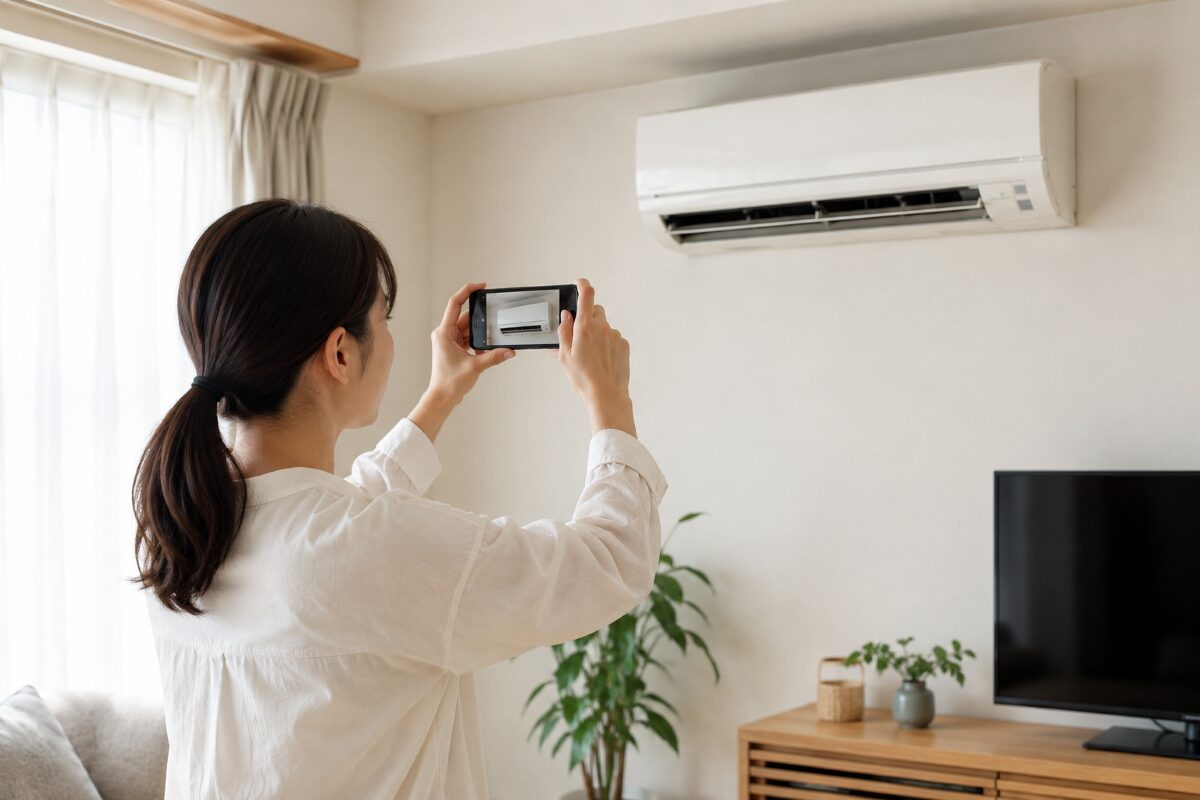 エアコンの状態を確認するためにスマートフォンで撮影している様子