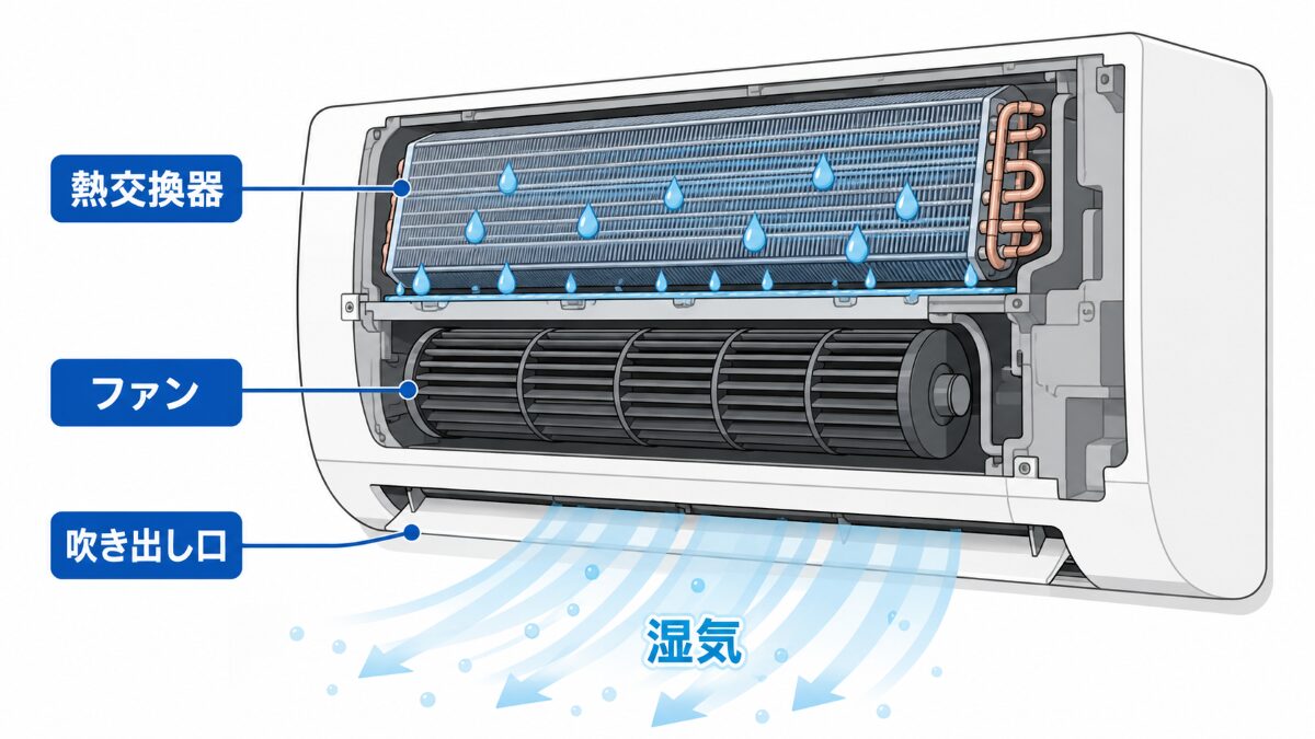 エアコン内部で冷房後に湿気が残りやすい場所を示す構造図