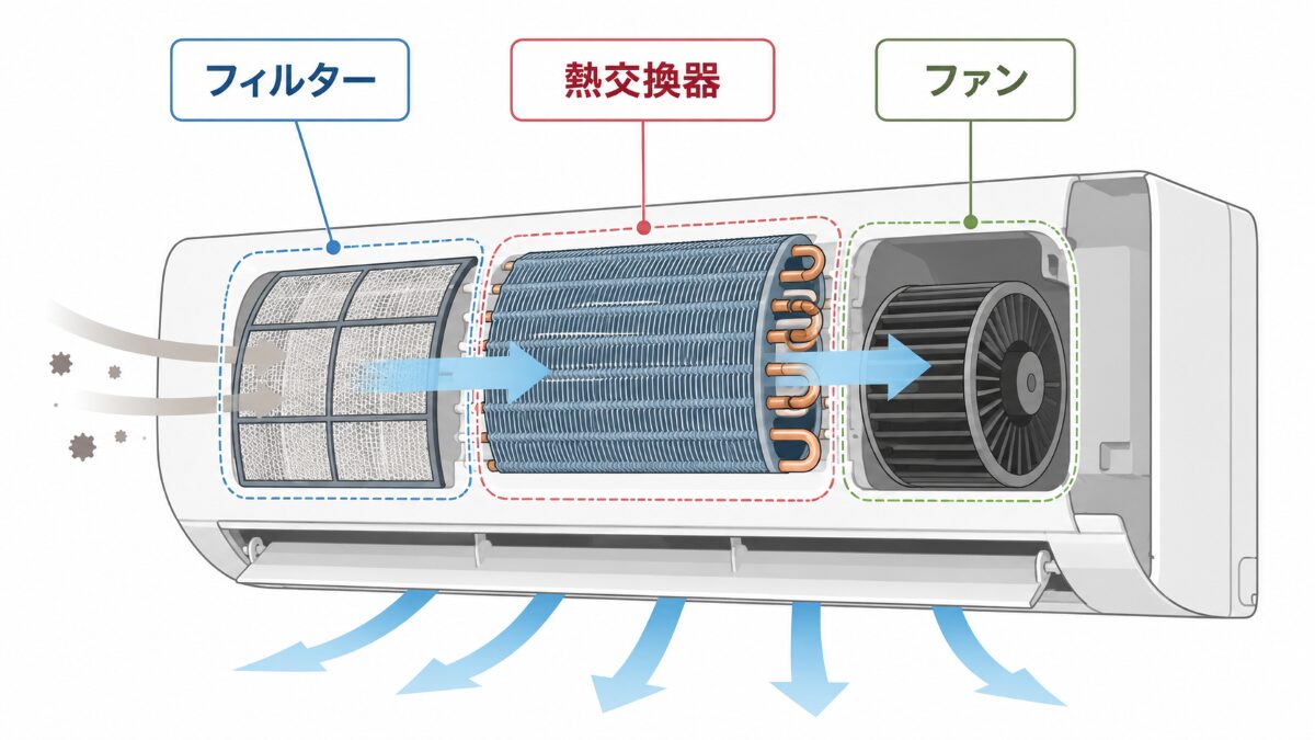 エアコン内部のフィルター熱交換器ファンの位置を示す構造図