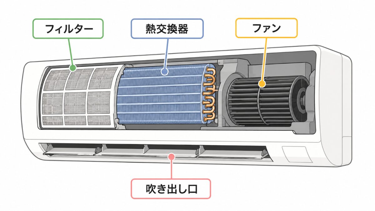 エアコン内部のフィルター熱交換器ファン吹き出し口の簡易構造図