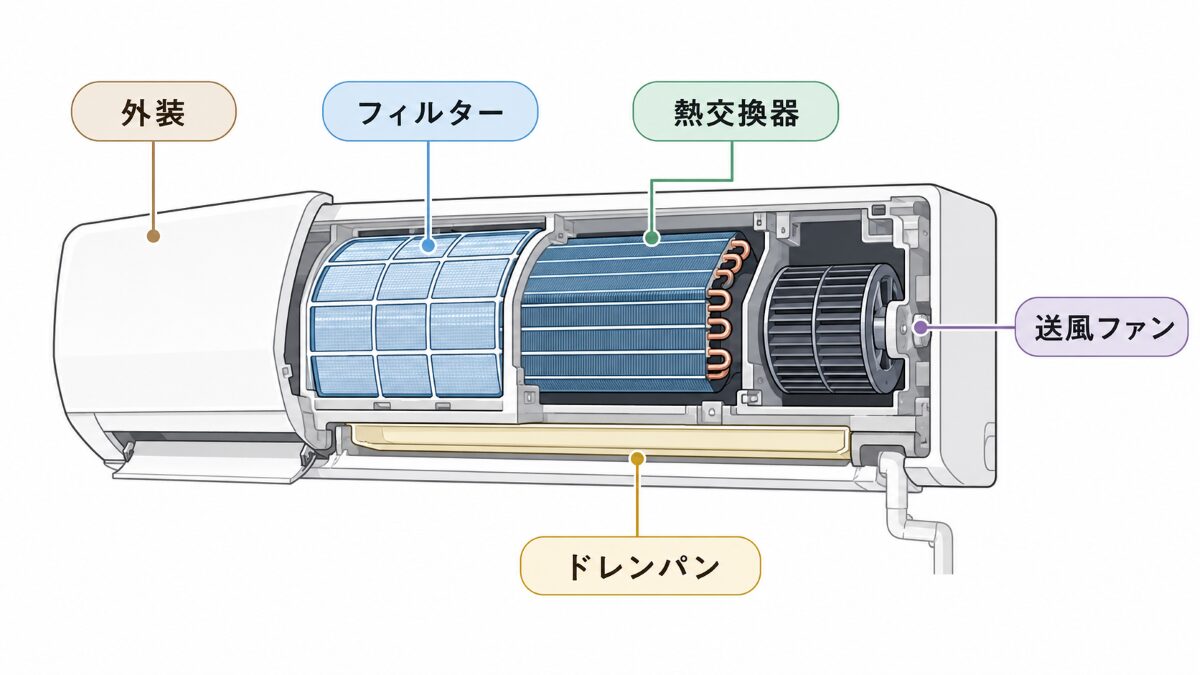 エアコン分解洗浄で確認する外装フィルター熱交換器送風ファンドレンパンの構造図