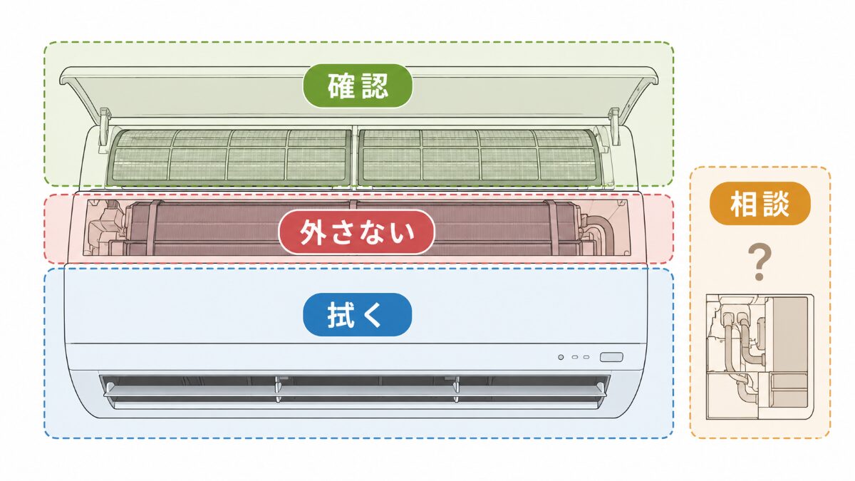 エアコン掃除で確認する範囲と無理に外さない範囲を整理する図解