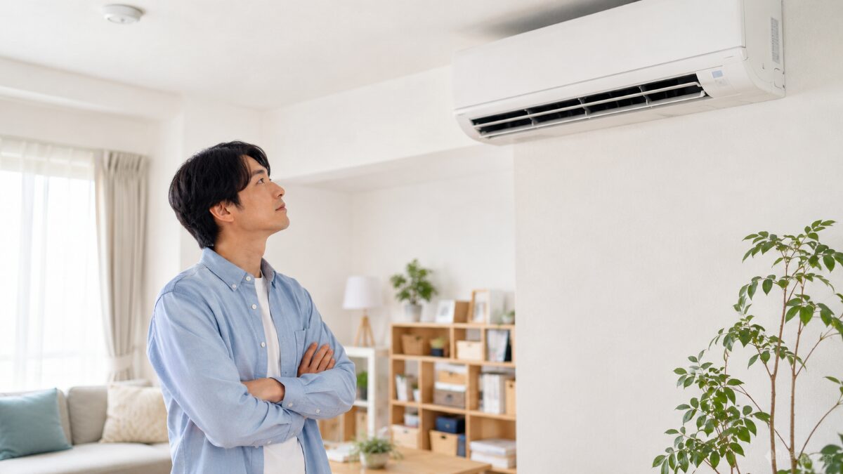エアコン掃除で自分でできる範囲を確認している様子