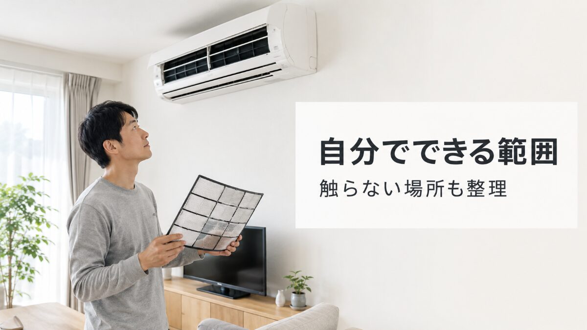 エアコン掃除で自分でできる範囲を確認する様子