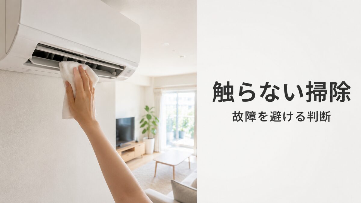 エアコン掃除で触らない方がよい場所を確認している様子
