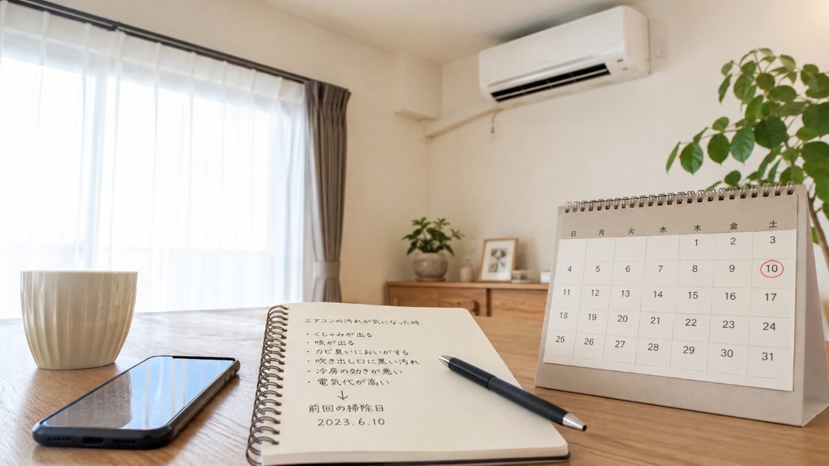 エアコン掃除の前回時期と症状をメモで整理している様子