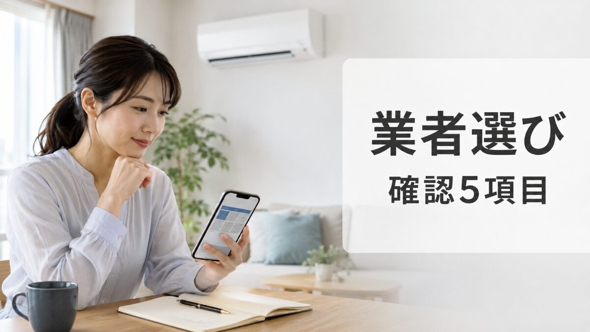 エアコン掃除業者を選ぶ前にスマートフォンで料金や作業範囲を確認している様子