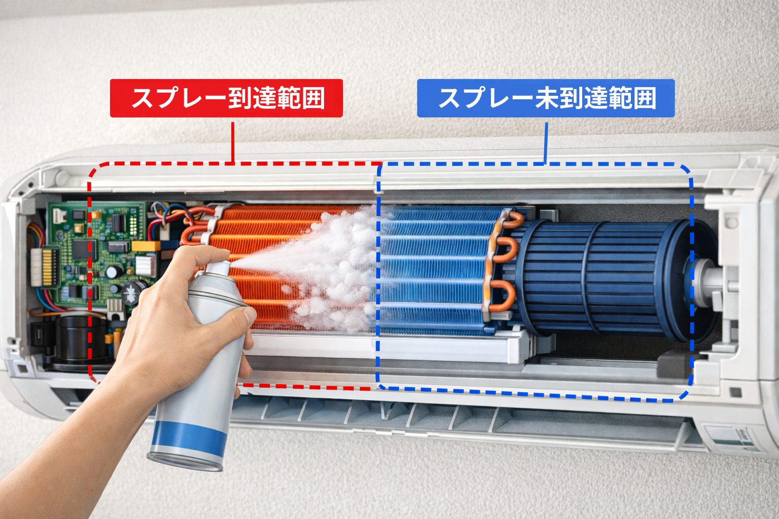 エアコンスプレーの到達範囲比較図