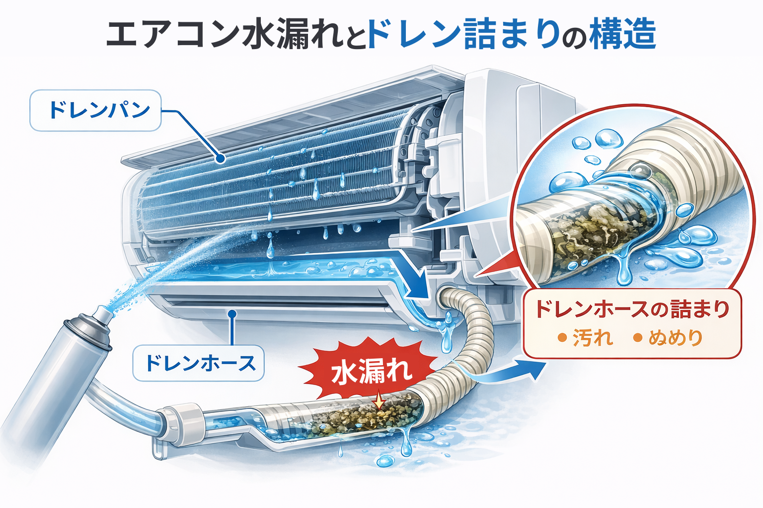 エアコン水漏れとドレン詰まりの構造図
