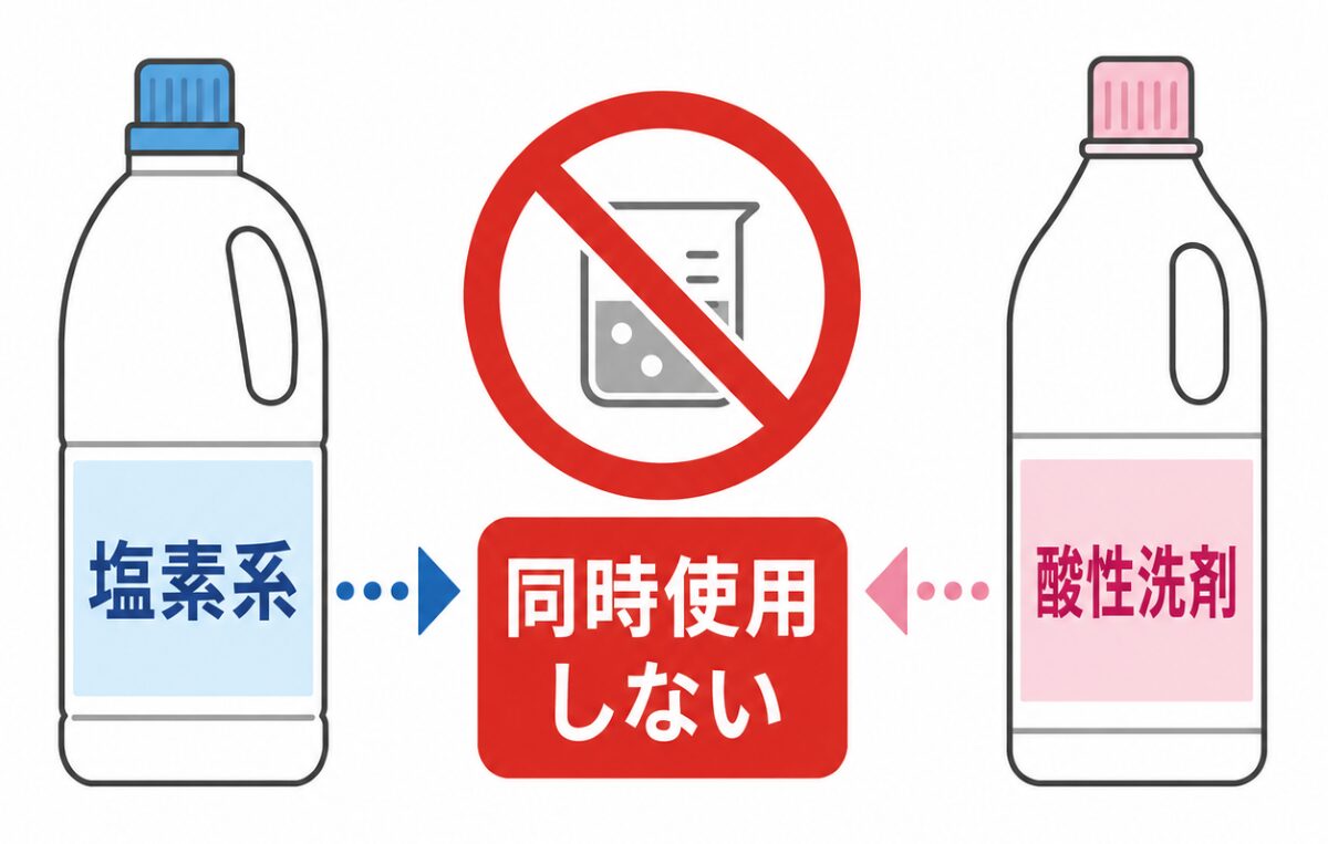塩素系カビ取り剤と酸性洗剤を同時に使わない注意図