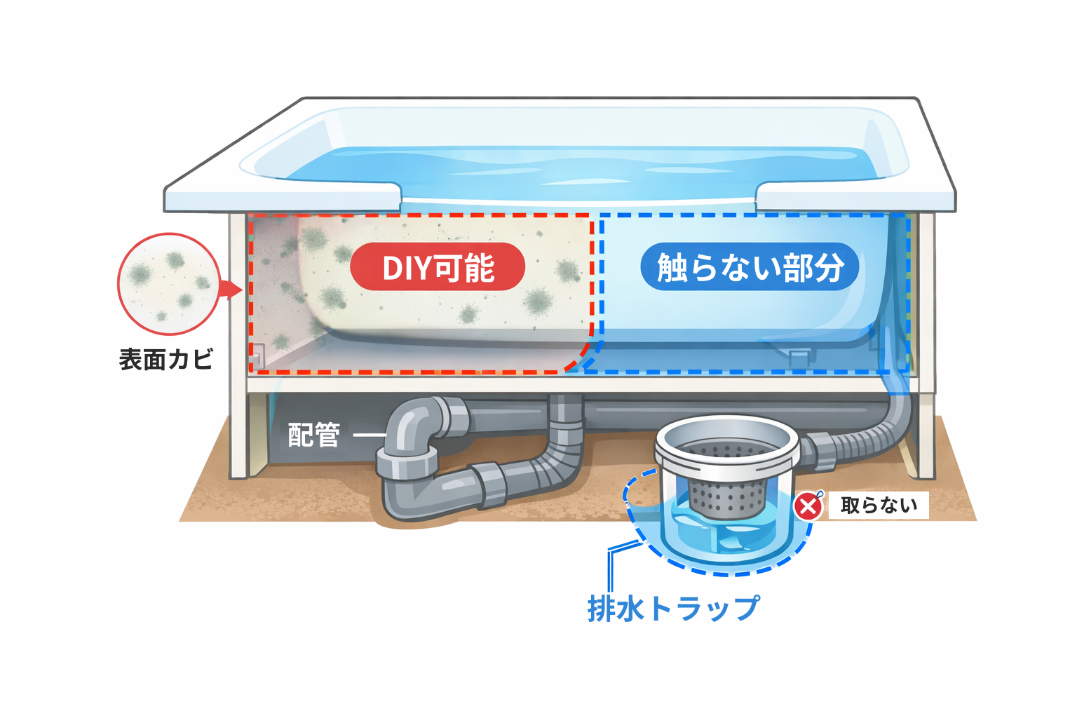 浴室エプロン内部の掃除可能範囲図