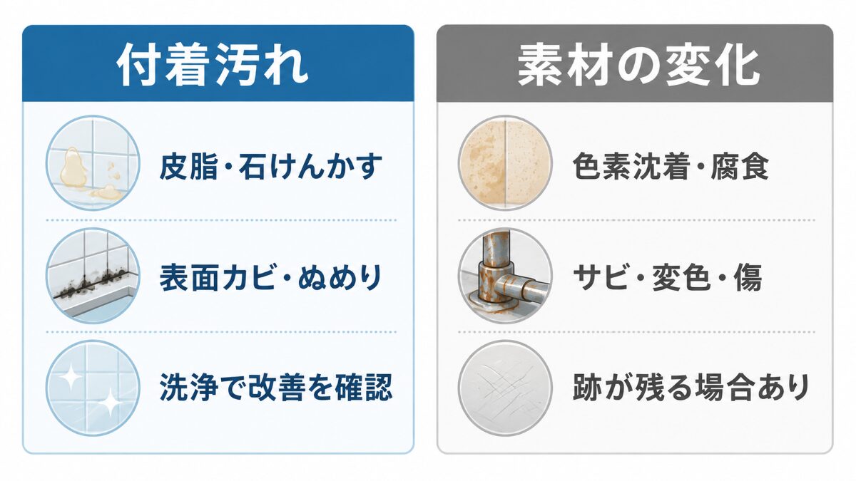 浴室の付着汚れと色素沈着・腐食・傷の違い