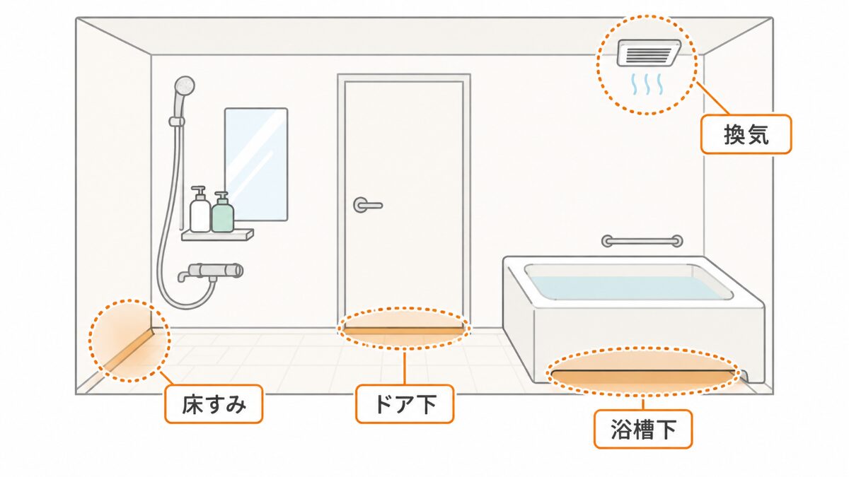浴室の臭いが排水口以外から出る場所を示す図解
