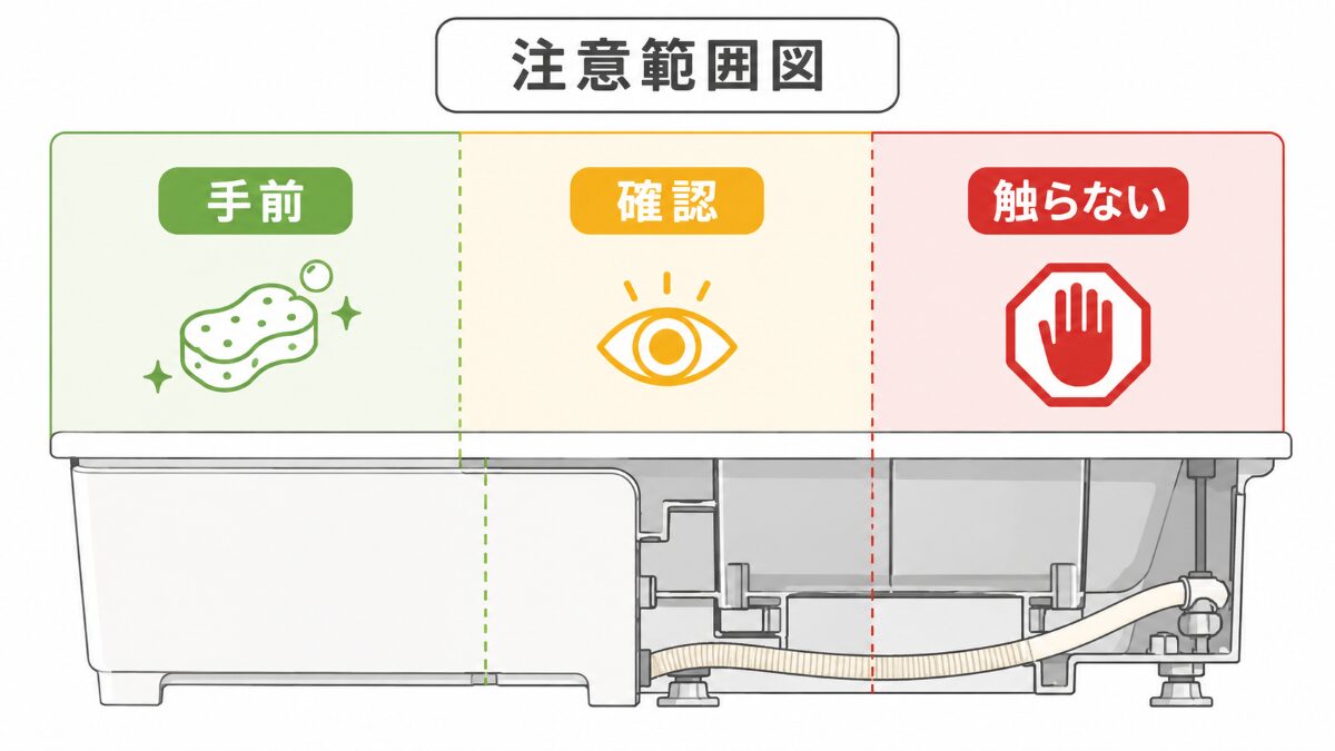 浴室エプロン内部の手前確認触らない範囲を示す注意範囲図