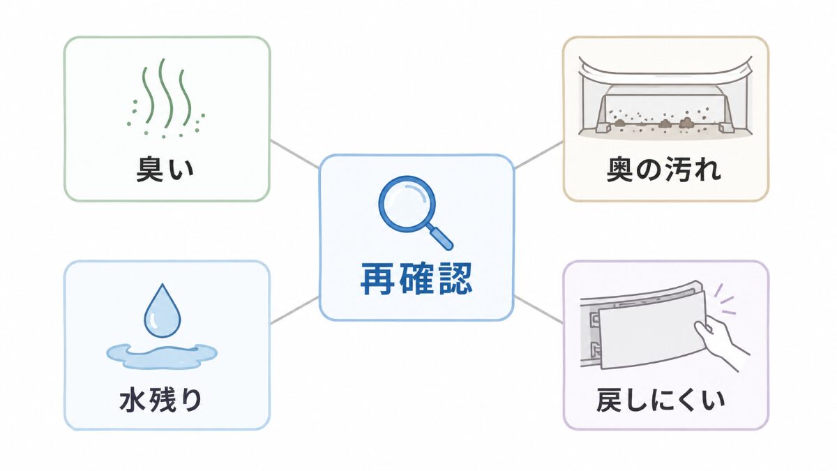 浴室エプロン内部掃除後に臭い奥の汚れ水残り戻しにくさで判断する分岐図