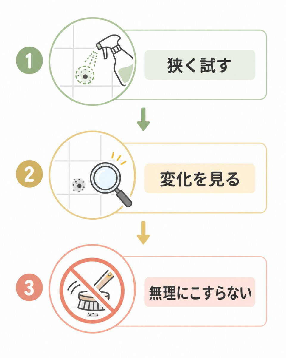 浴室カビ取りを狭く試して変化を見て判断する流れ
