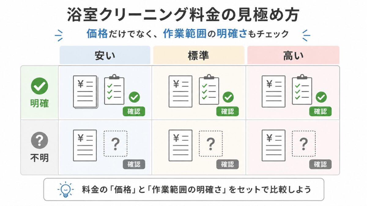 浴室クリーニング料金を価格帯と作業範囲の明確さで判断する図解