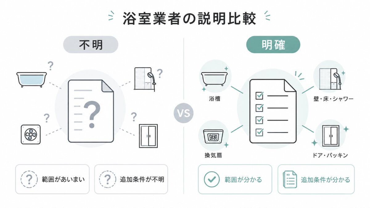 浴室クリーニング業者の範囲説明を不明明確で比較する図解