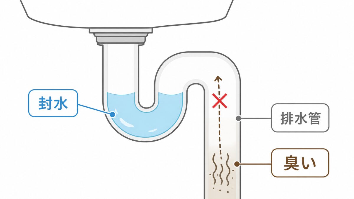 浴室排水トラップの封水が臭いを防ぐ仕組みの図解