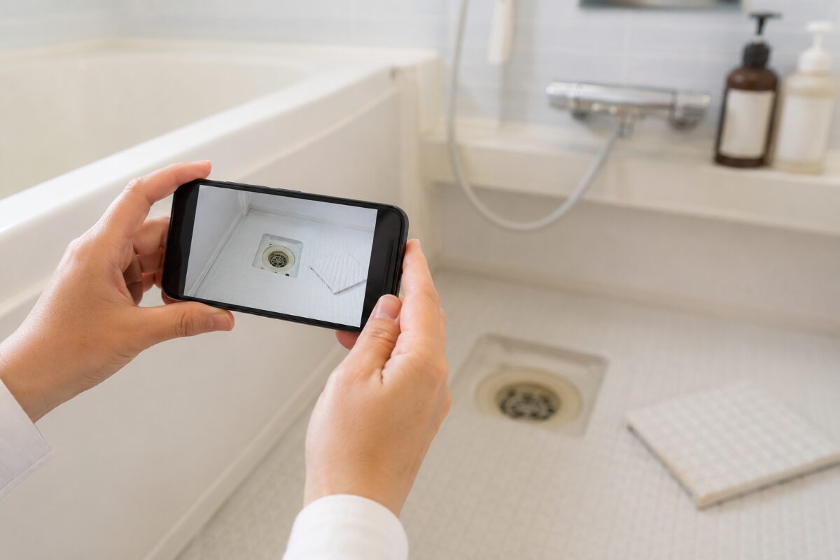 浴室排水口まわりの状態をスマートフォンで撮影する様子