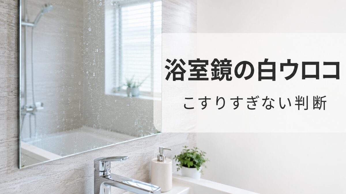 浴室鏡の白いウロコ汚れとこすりすぎない判断を示すアイキャッチ
