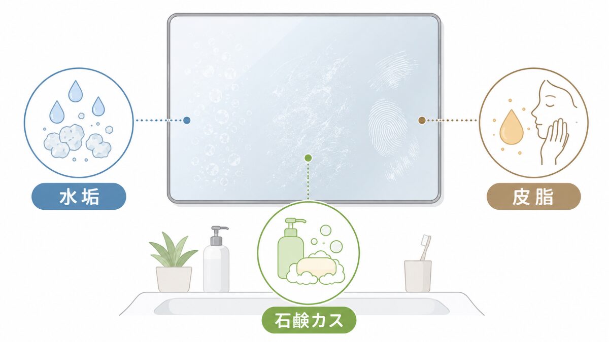 浴室鏡の白い汚れを水垢石鹸カス皮脂で整理した図解