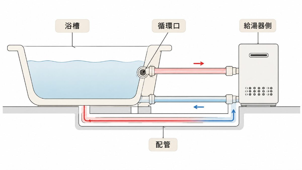 浴槽の循環口と追い焚き配管の関係を示した構造図