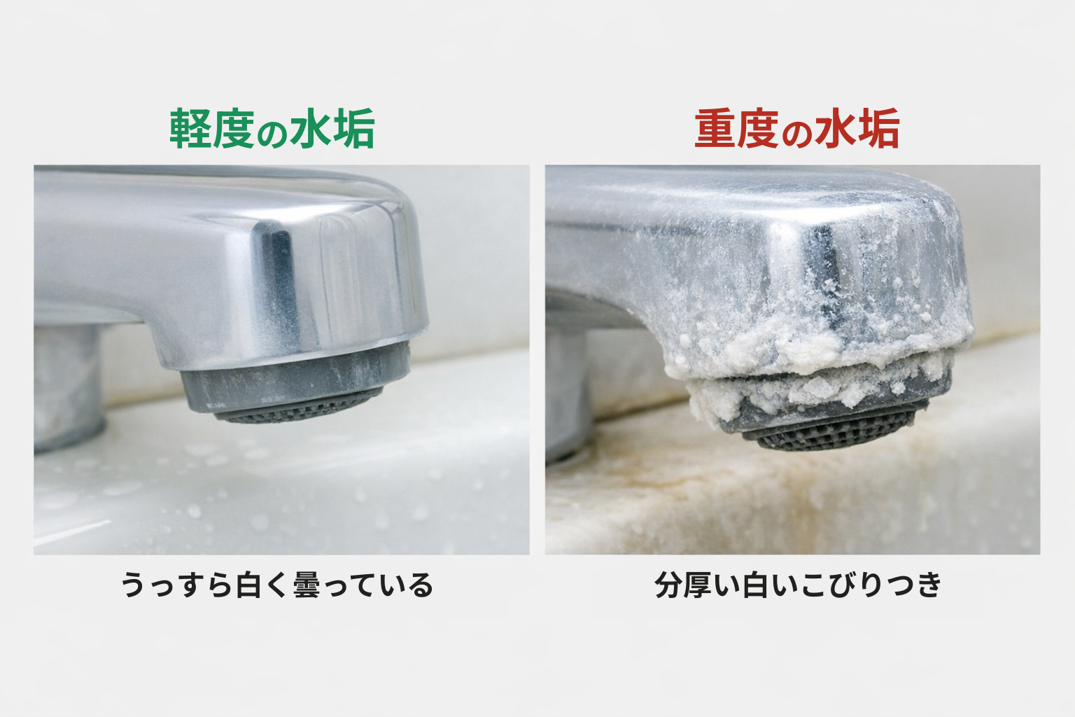浴室水垢の軽度と重度の比較例