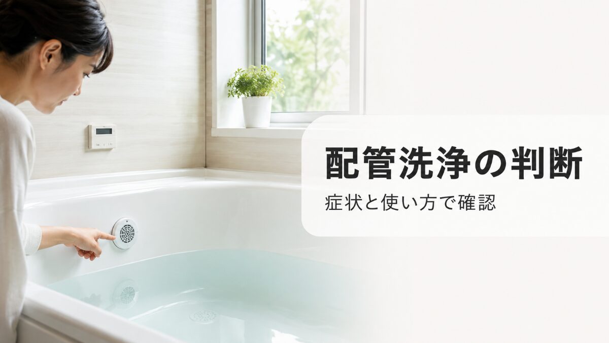 追い焚き配管洗浄が必要か判断するために浴槽の循環口まわりを確認している様子