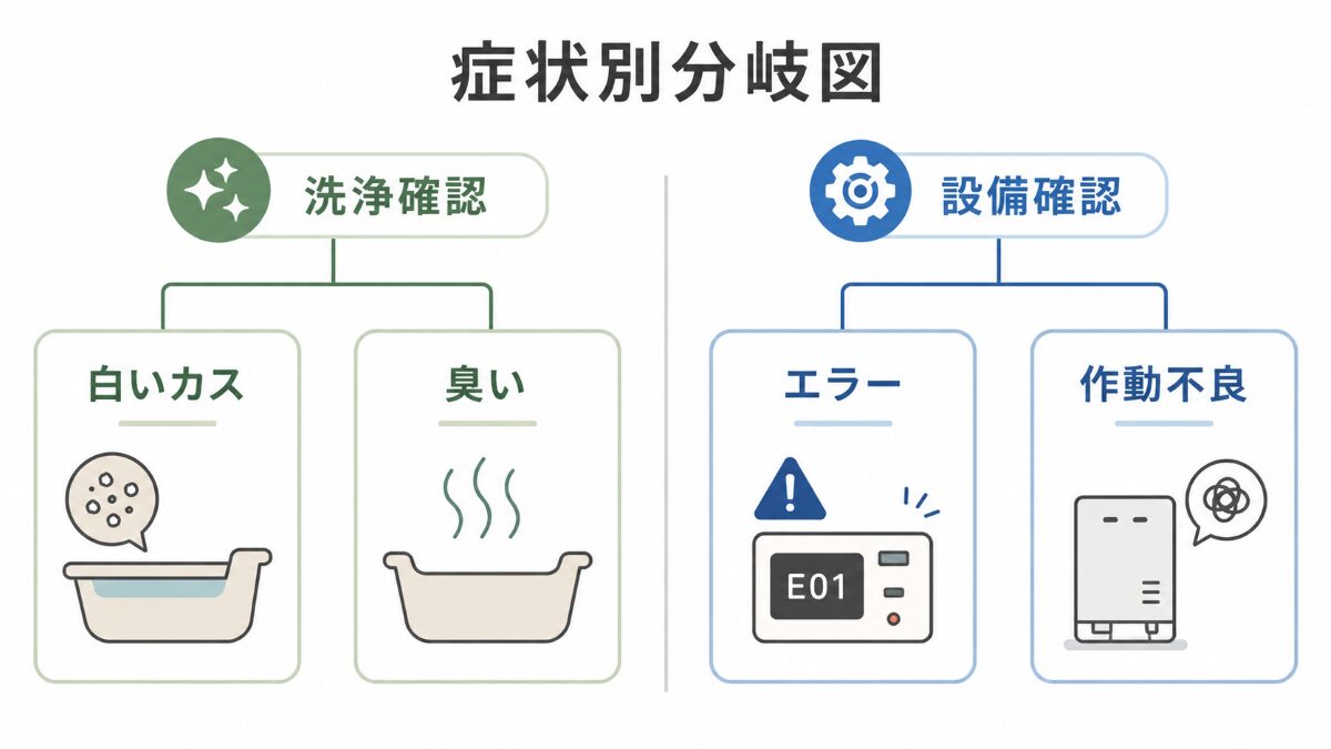 追い焚き配管洗浄と設備確認を症状別に分ける判断図