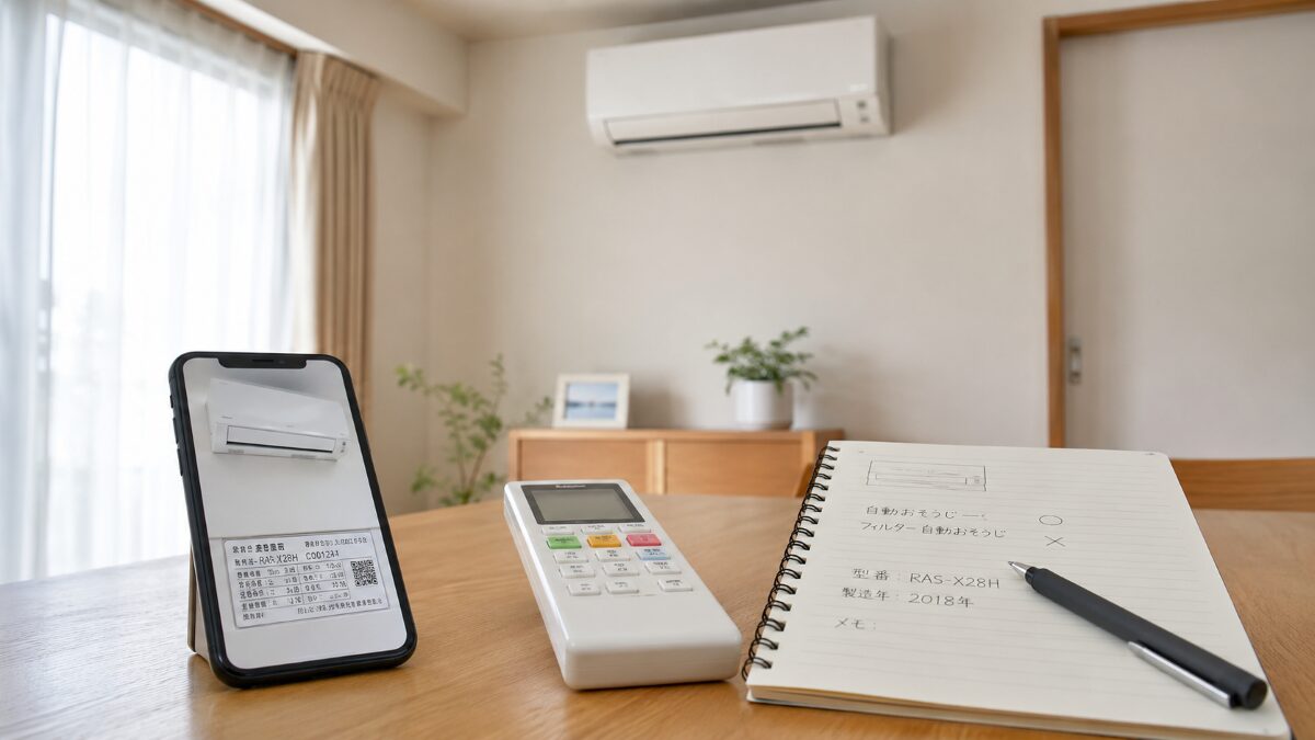 お掃除機能付きエアコンの相談前にスマホとリモコンで状態を整理している様子