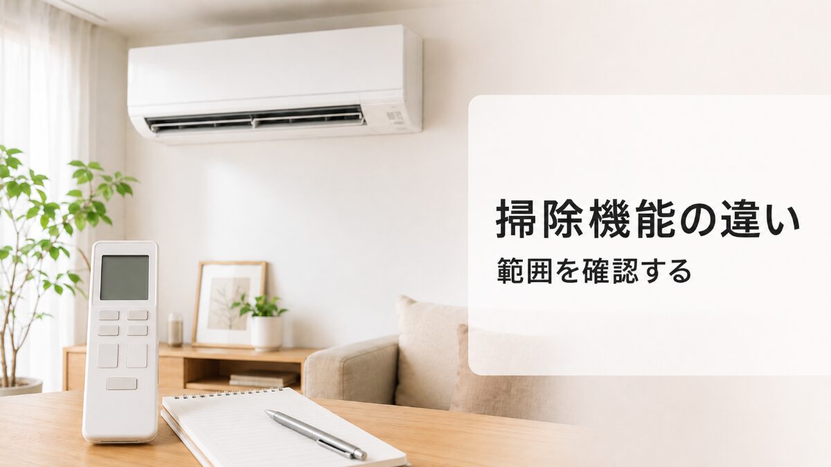 お掃除機能付きエアコンの違いをリモコンと型番で確認する様子