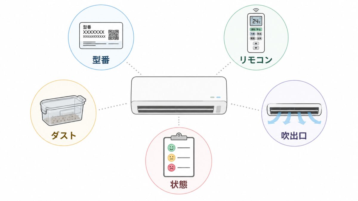 お掃除機能付きエアコン相談前に型番リモコンダストボックス吹き出し口状態を整理する図解