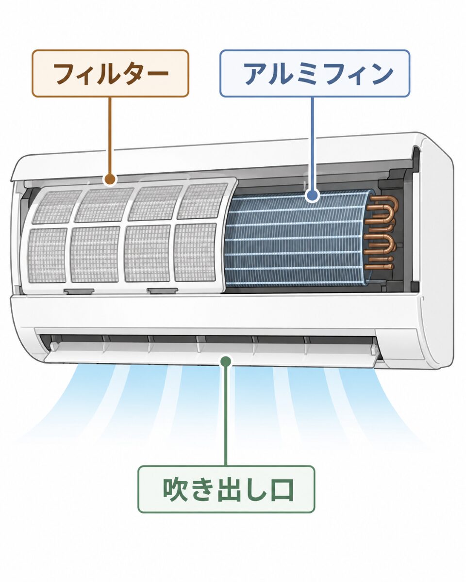 エアコンのフィルターとアルミフィンと吹き出し口の位置関係図