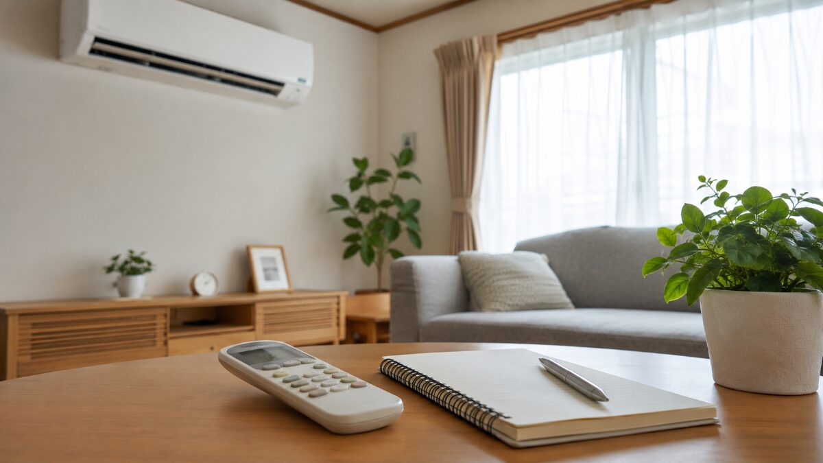 エアコンの使用時間と設定温度をリモコンで確認している様子