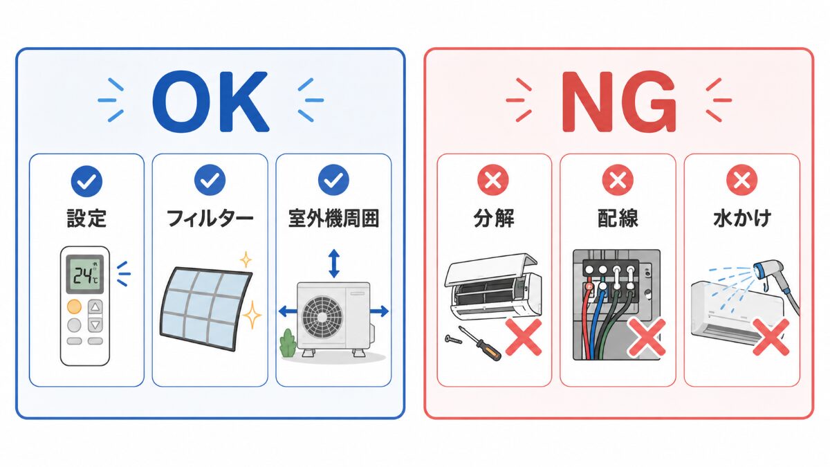 エアコンの効きが悪いときに確認してよい範囲と避ける範囲を示す図解