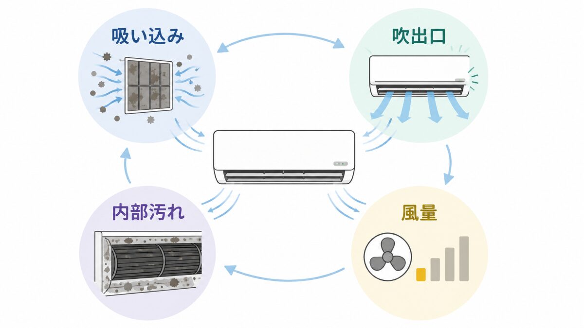 エアコンの効きが悪いときに空気の通り道と汚れの関係を示す原因マップ