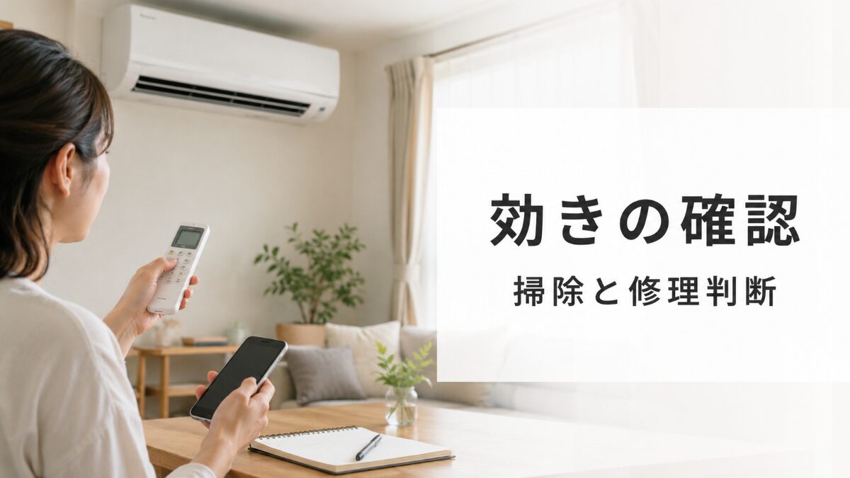 エアコンの効きが悪い原因を確認するためにリモコンと状態を整理している様子