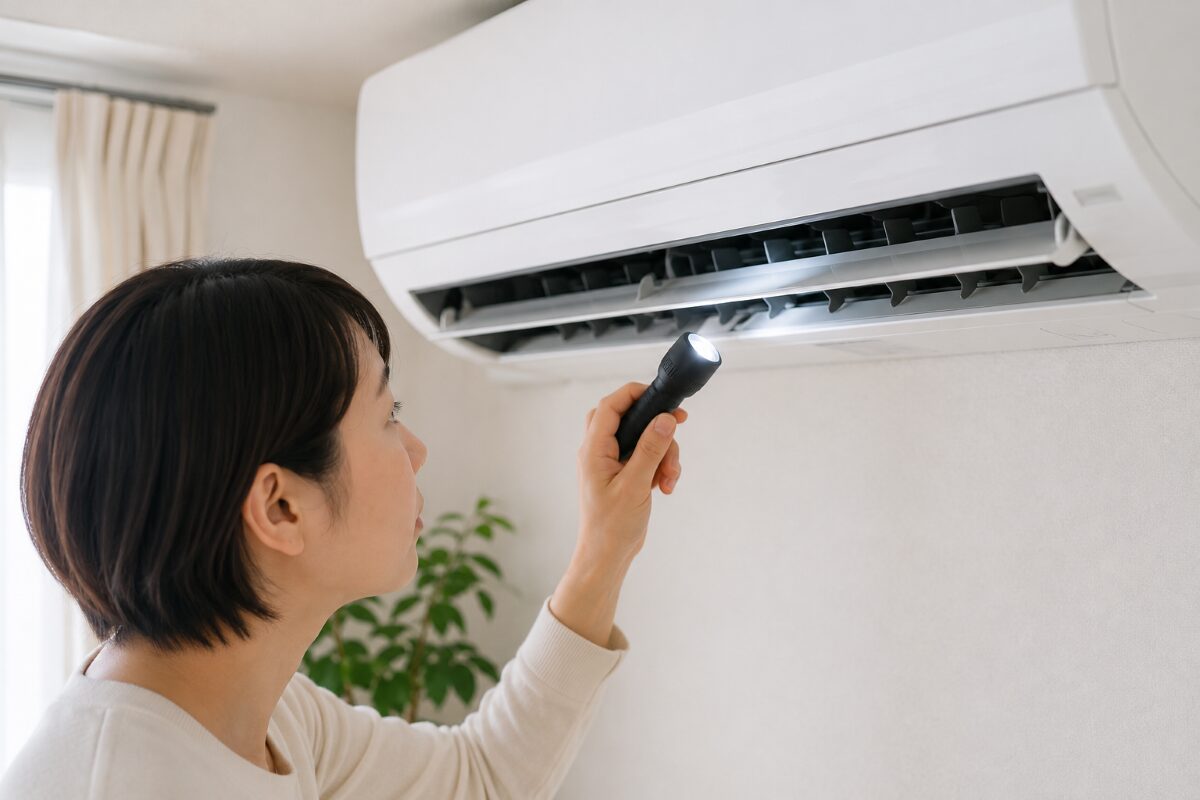 エアコンの吹き出し口とルーバーを見える範囲で確認する様子