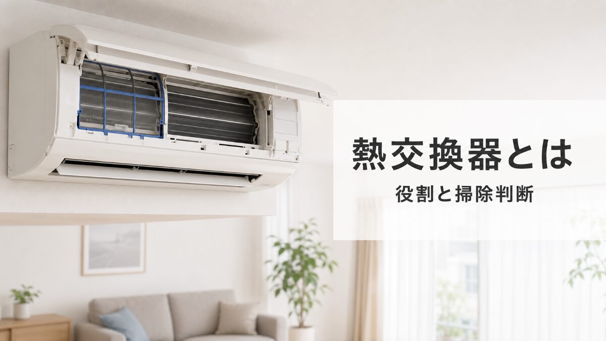 エアコンの熱交換器の役割と掃除判断を説明するアイキャッチ