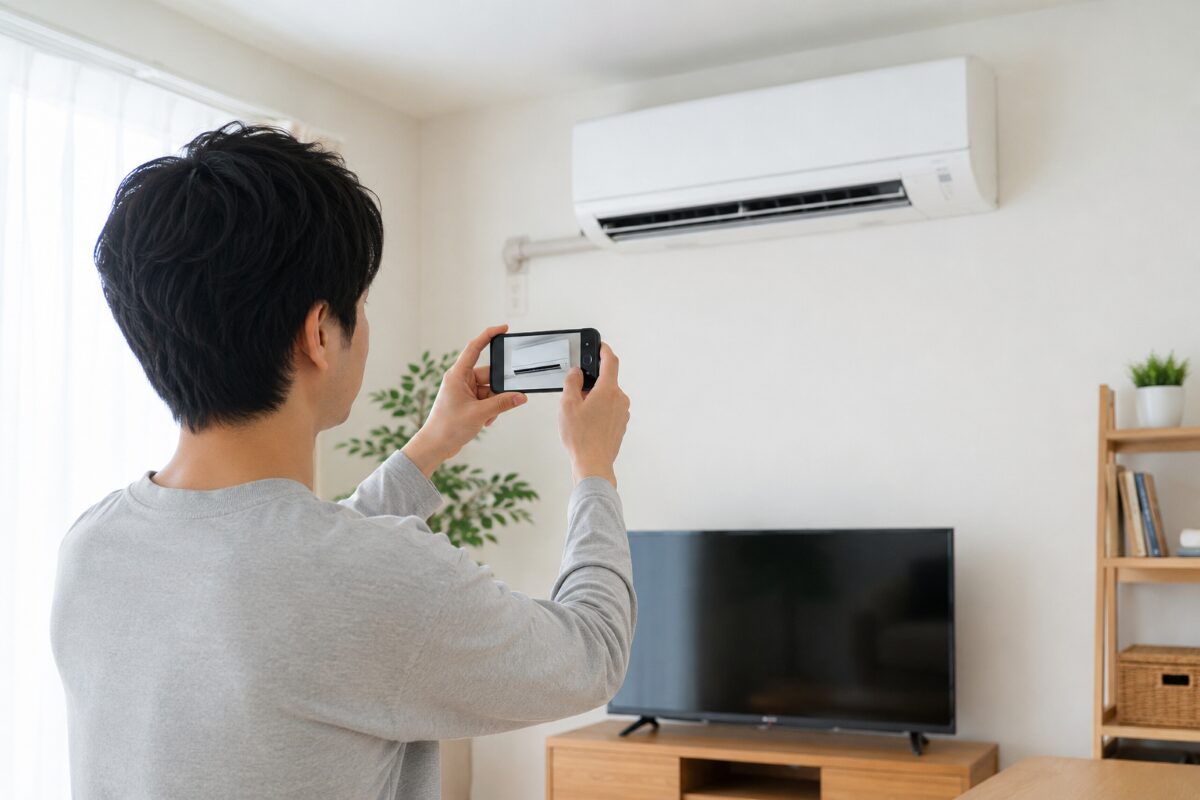 エアコンの状態をスマートフォンで撮影して確認する様子