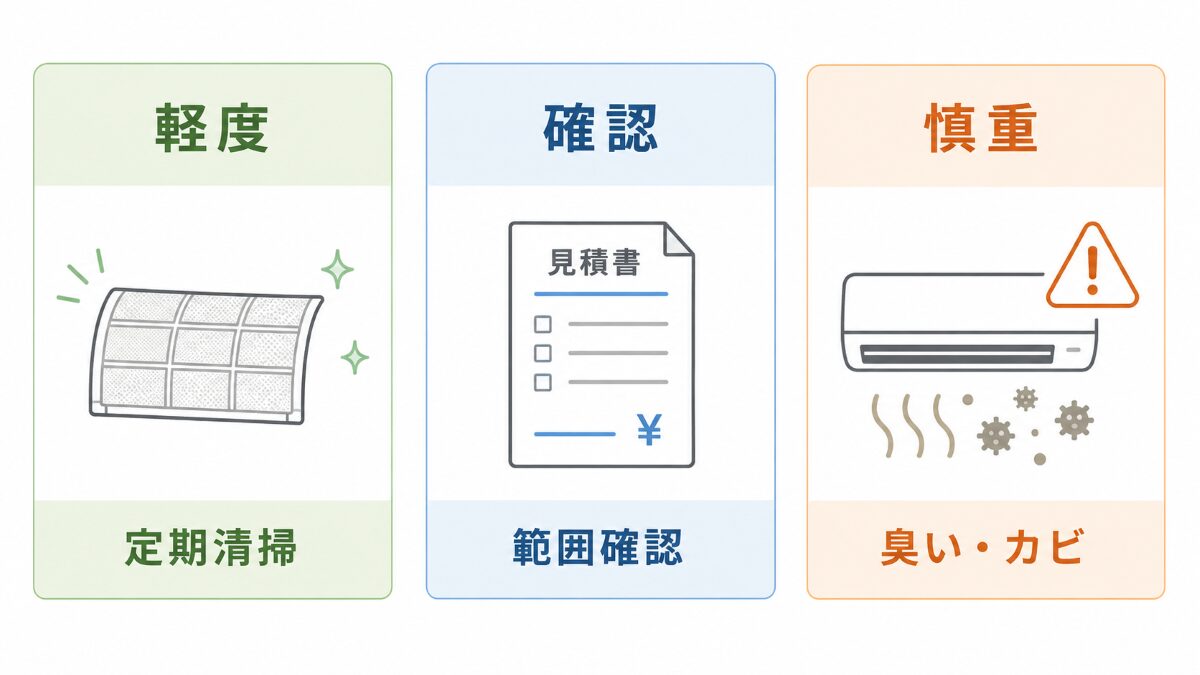 エアコンの状態別に安い業者を検討しやすいか整理するレベル分け図