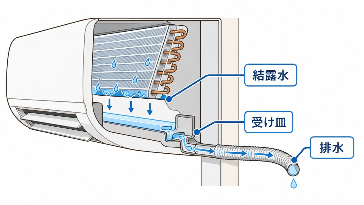 エアコンの結露水がドレンホースへ流れる仕組みの図解