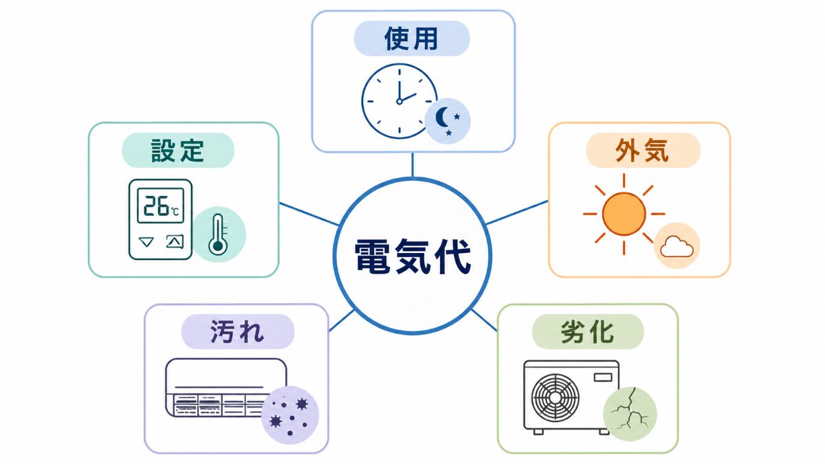 エアコンの電気代が急に高い原因を使用設定外気汚れ劣化で整理した図解