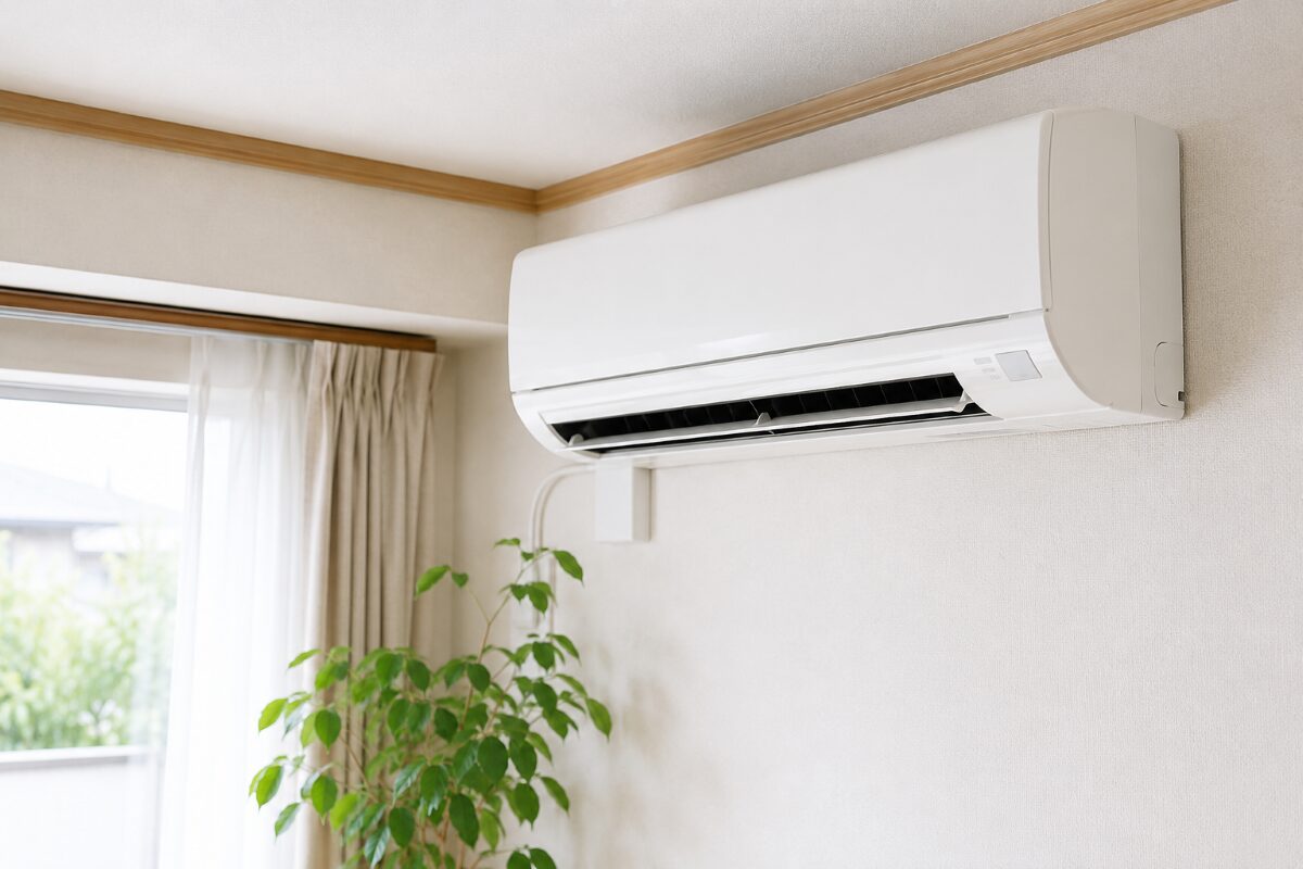 エアコンの電気代が高いときに正面と吹き出し口を確認する様子