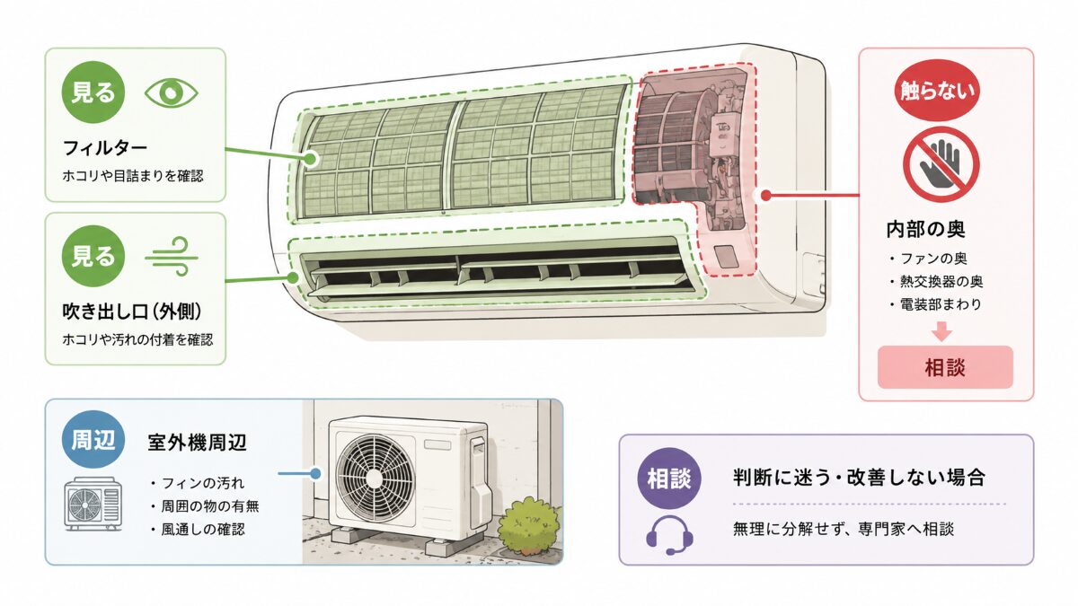 エアコンの電気代が高いときに見る範囲と触らない範囲を示す図解